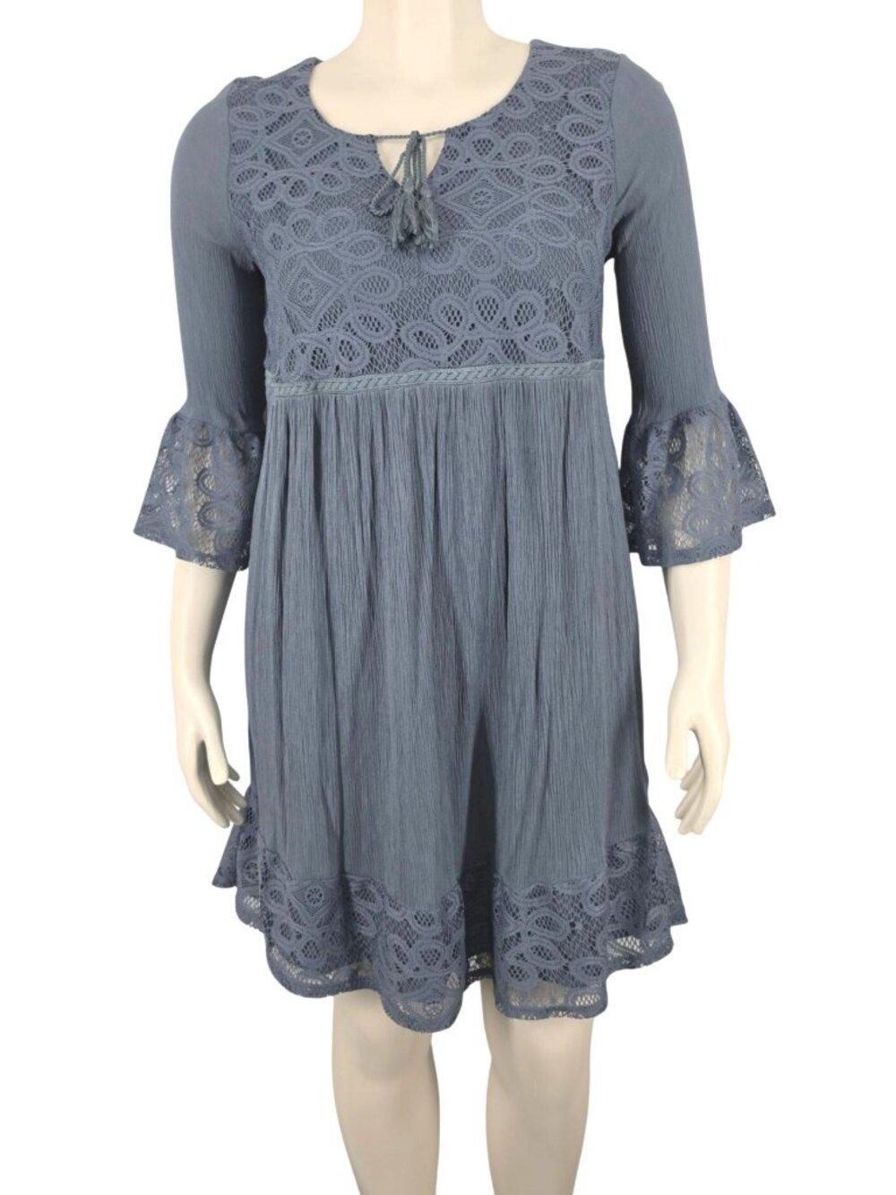 Women's Artesia Boho Hippie Blue Lace Muslin Dress Ruffle Medium Flowy
